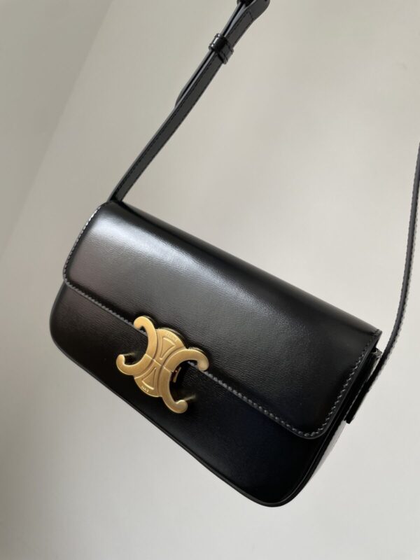 CELINE Triomphe Claude Shiny Calfskin Shoulder Bag Adjustable Strap Women Black - Image 3