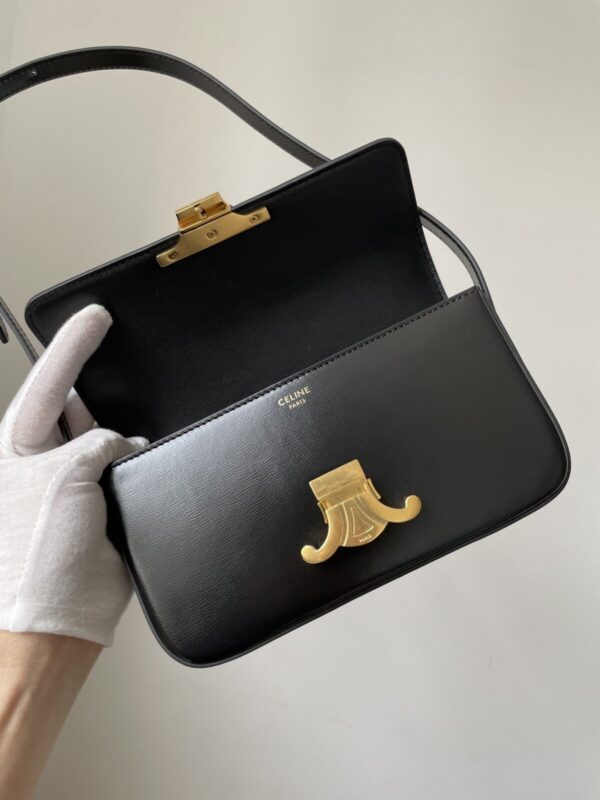 CELINE Triomphe Claude Shiny Calfskin Shoulder Bag Adjustable Strap Women Black - Image 8