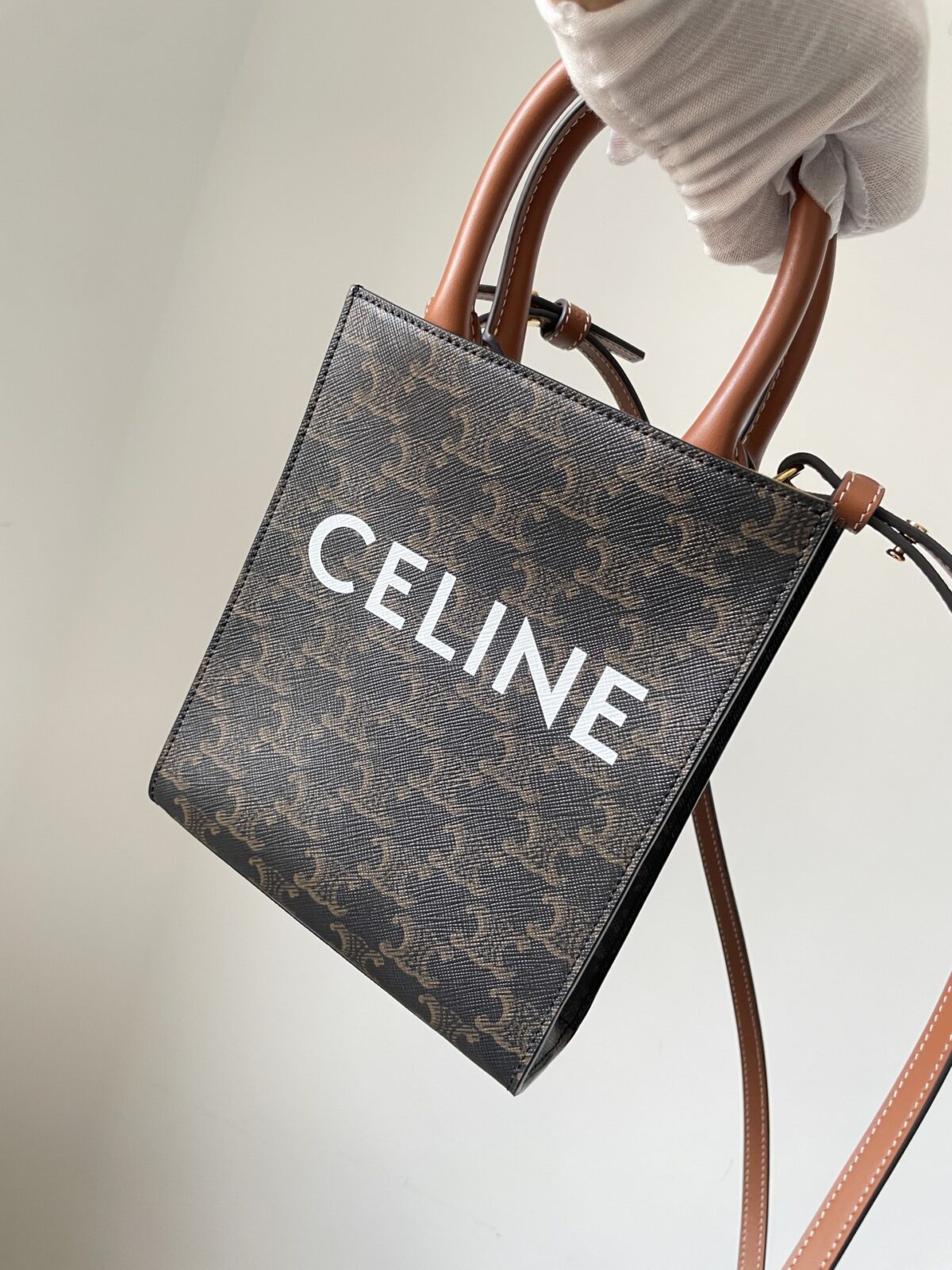 CELINE Cabas Triomphe Canvas Mini Tote Leather Trim Women Brown - Image 2
