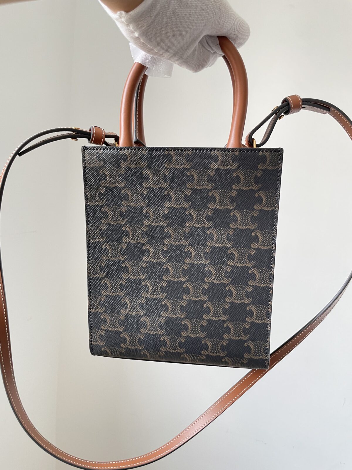 CELINE Cabas Triomphe Canvas Mini Tote Leather Trim Women Brown - Image 3