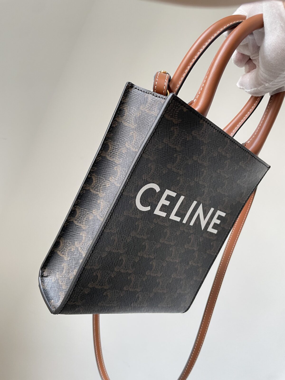 CELINE Cabas Triomphe Canvas Mini Tote Leather Trim Women Brown - Image 4