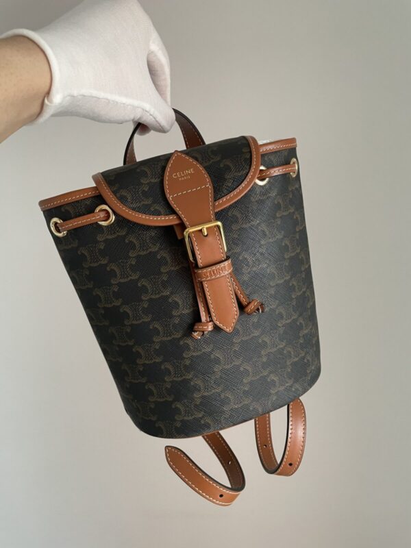 CELINE Folco Triomphe Canvas Mini Backpack Leather Trim Women Brown - Image 2