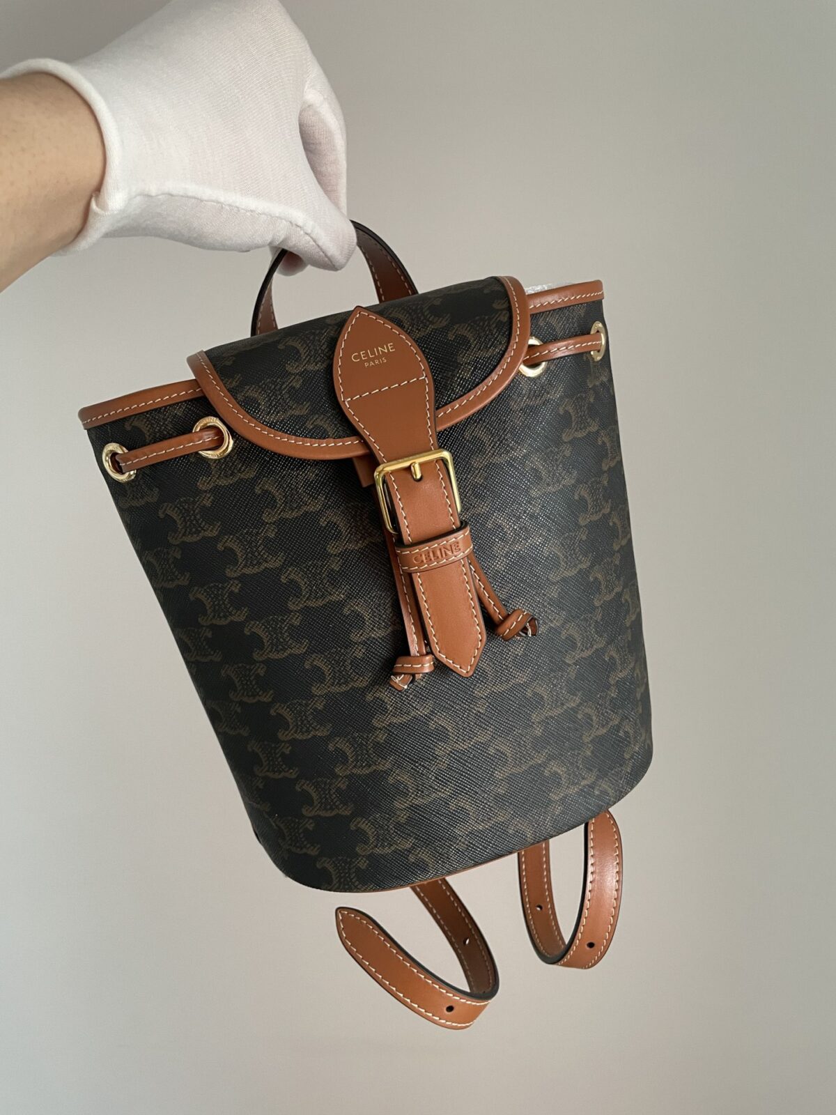 CELINE Folco Triomphe Canvas Mini Backpack Leather Trim Women Brown - Image 2