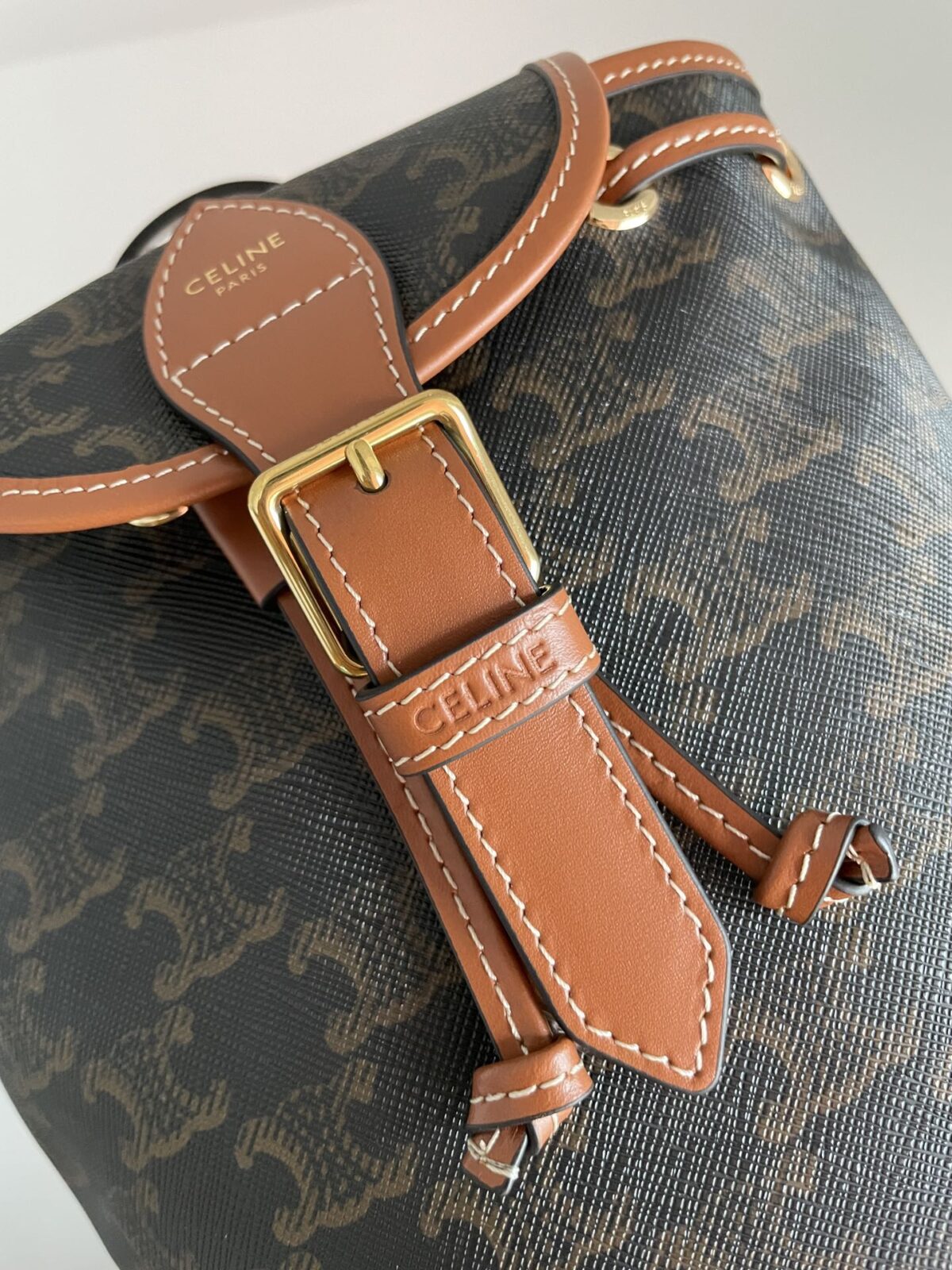 CELINE Folco Triomphe Canvas Mini Backpack Leather Trim Women Brown - Image 3