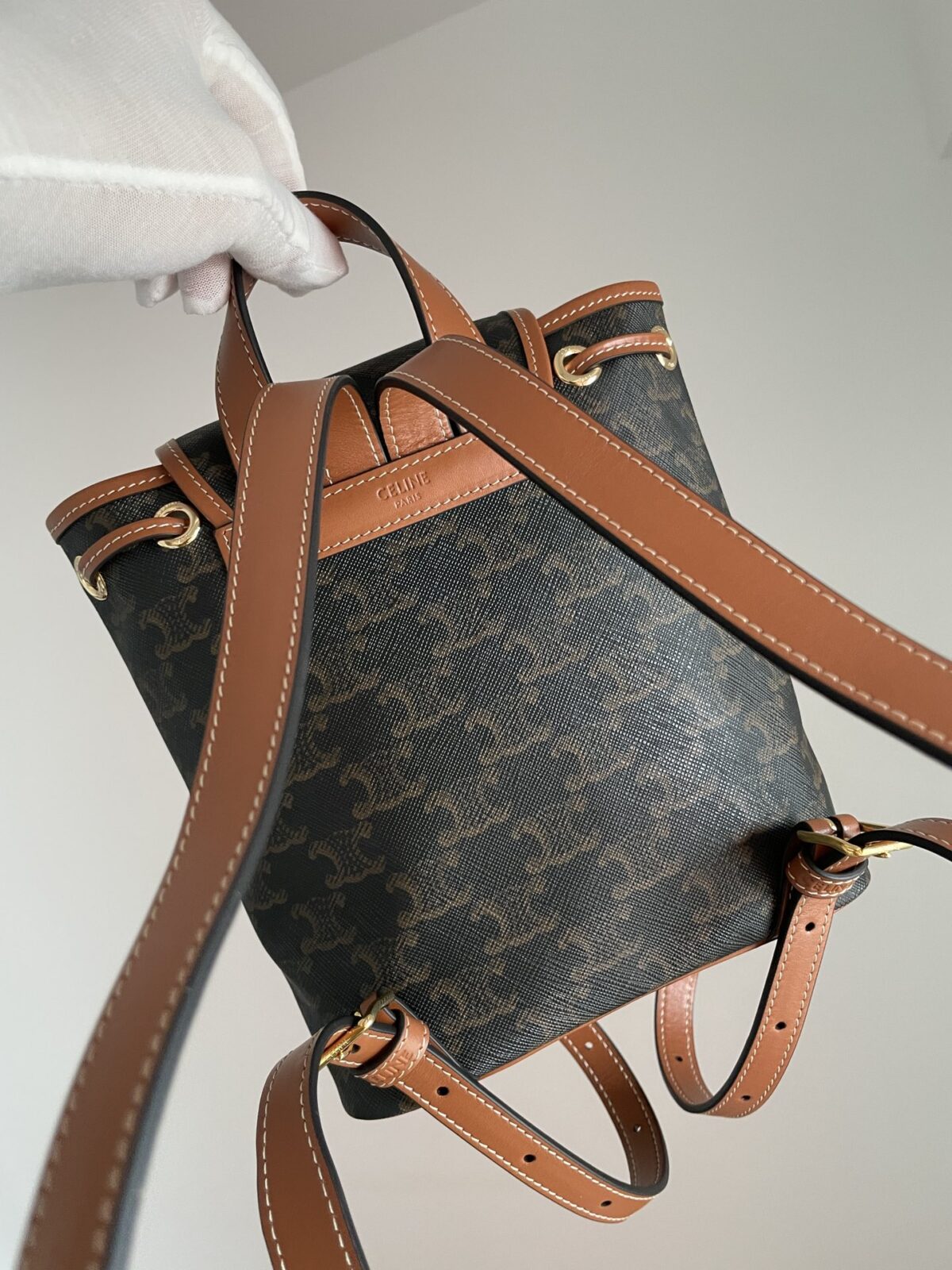 CELINE Folco Triomphe Canvas Mini Backpack Leather Trim Women Brown - Image 4