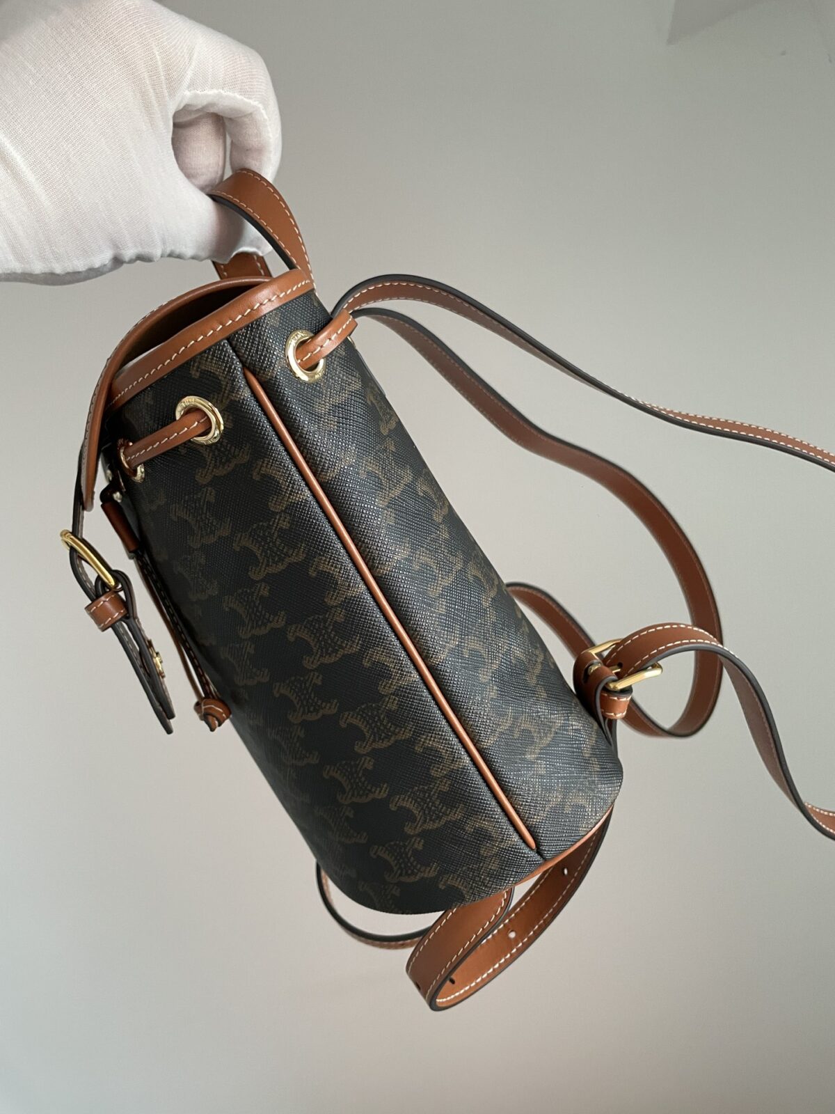 CELINE Folco Triomphe Canvas Mini Backpack Leather Trim Women Brown - Image 5