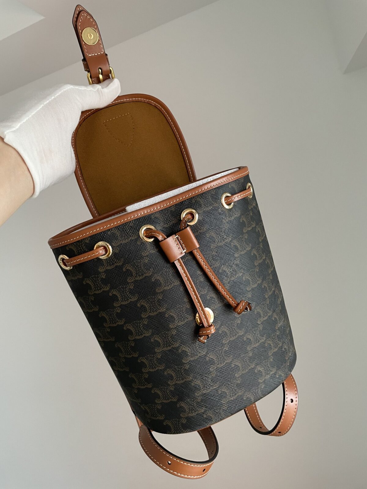 CELINE Folco Triomphe Canvas Mini Backpack Leather Trim Women Brown - Image 7