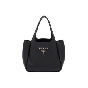 Prada Small Peebled Calf Leather Magnetic Tote Bucket Bag Black