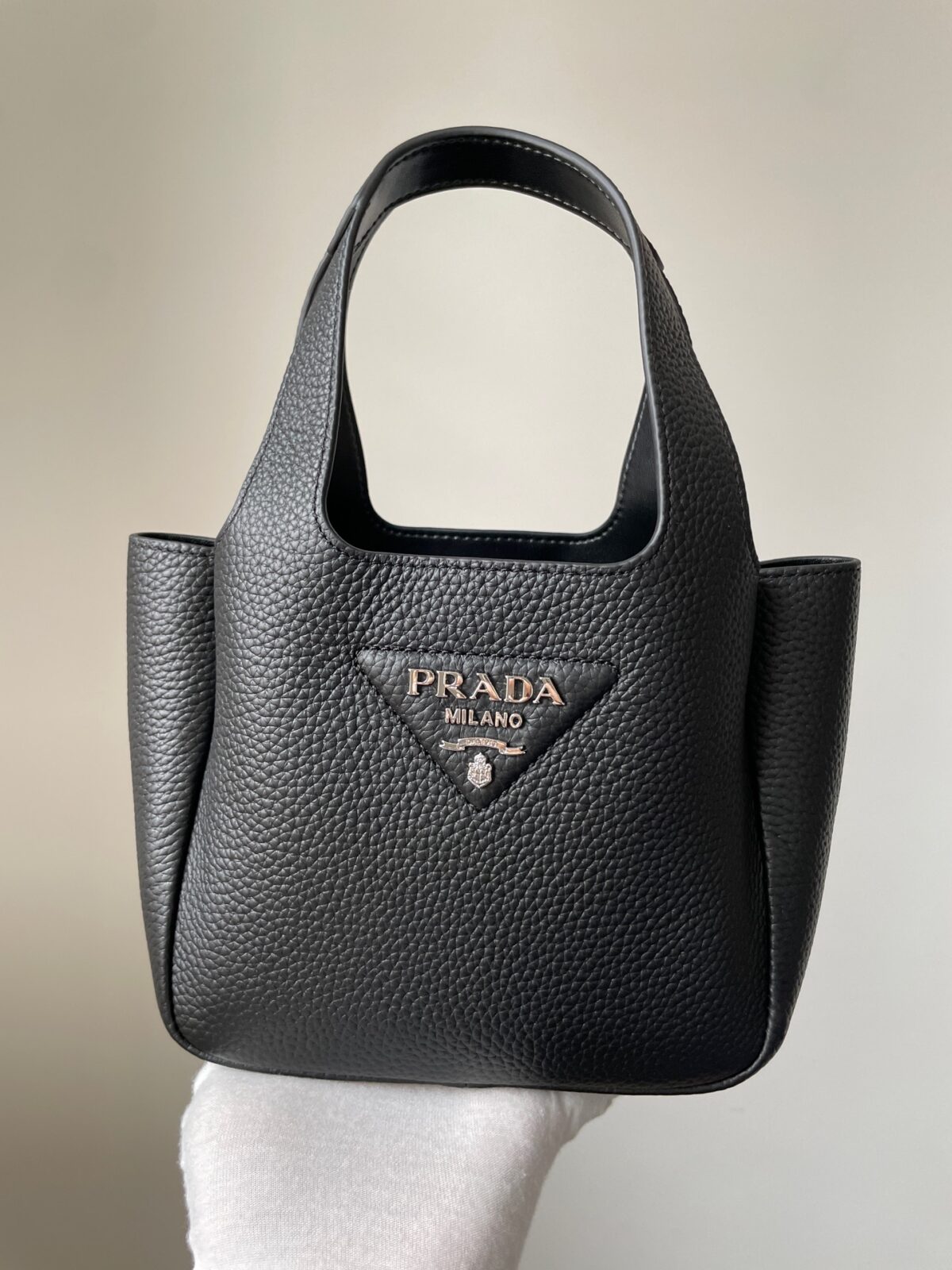 Prada Small Peebled Calf Leather Magnetic Tote Bucket Bag Black - Image 2