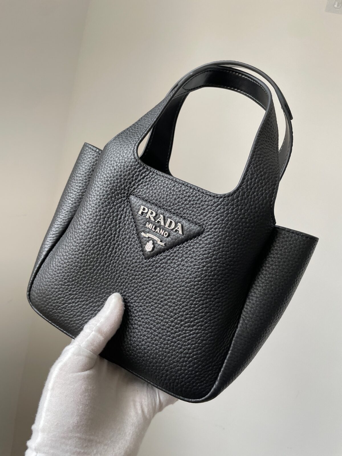 Prada Small Peebled Calf Leather Magnetic Tote Bucket Bag Black - Image 3