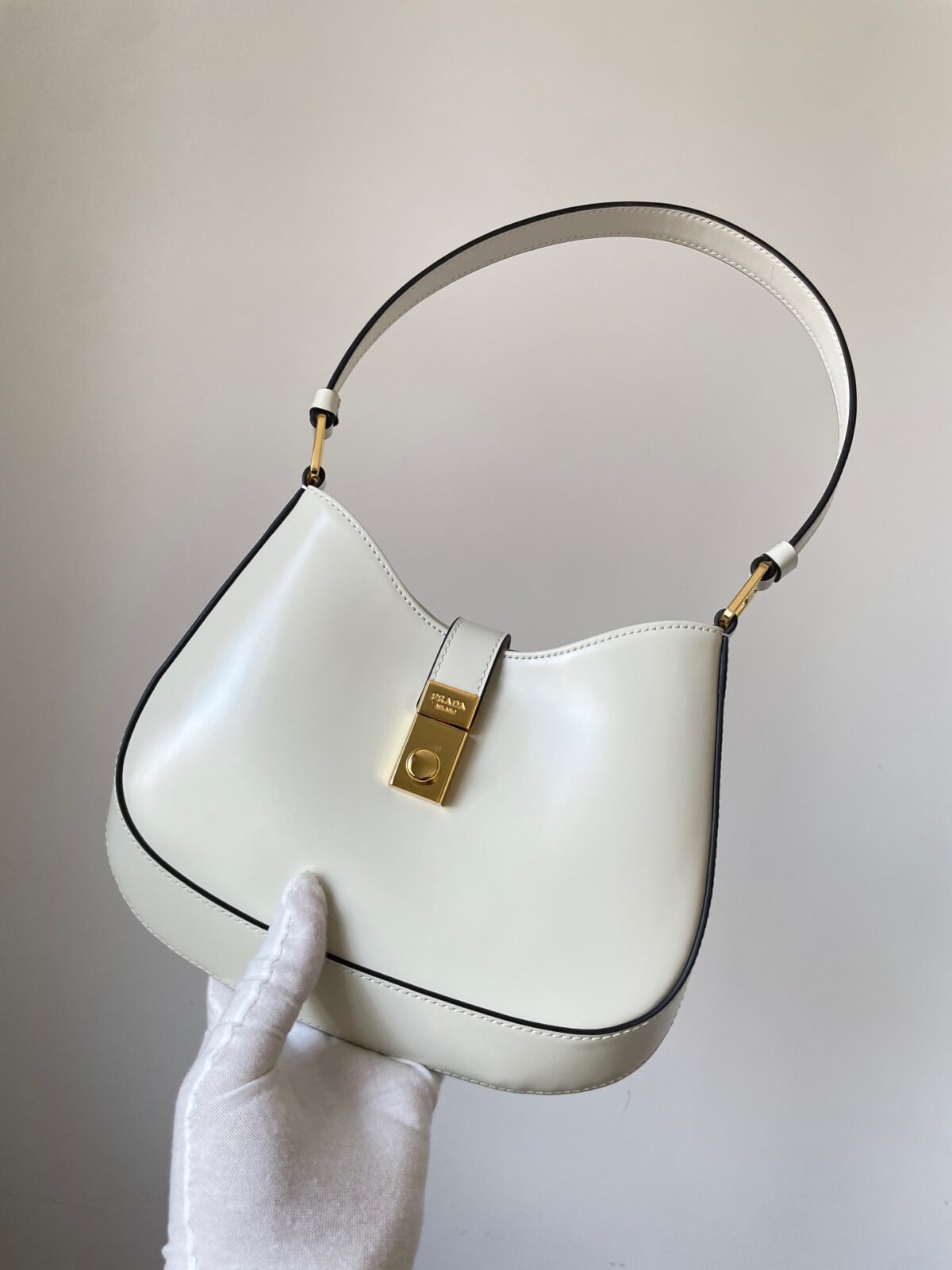 PRADA Cleo Glossy Calf Leather Shoulder Bag White - Image 3