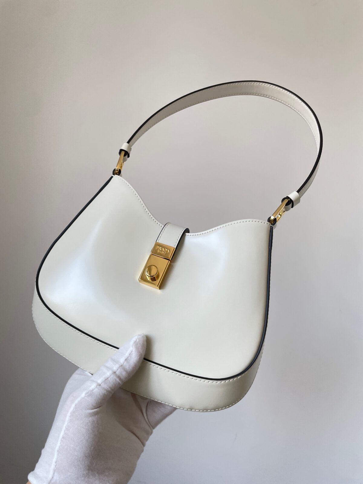 PRADA Cleo Glossy Calf Leather Shoulder Bag White - Image 6