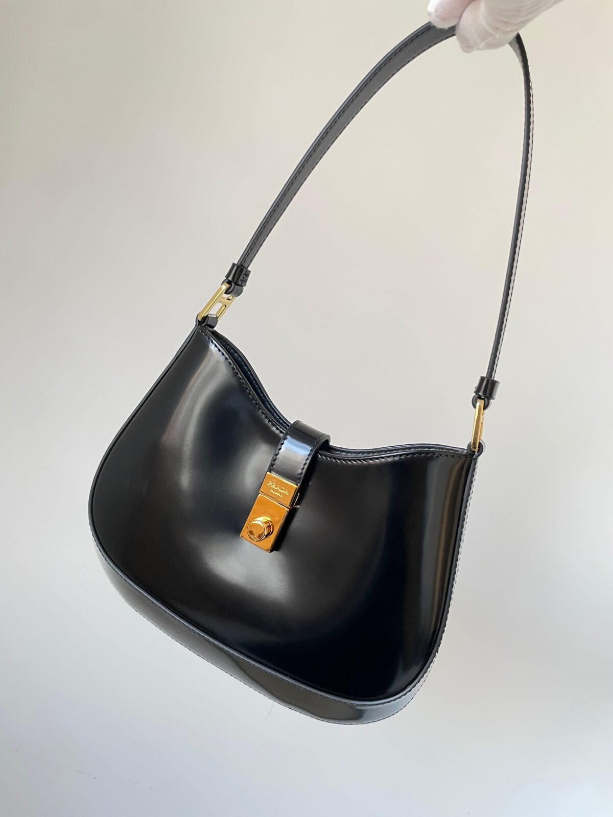 PRADA Cleo Glossy Leather Hobo Shoulder Bag Black - Image 2