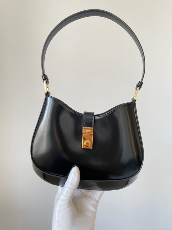 PRADA Cleo Glossy Leather Hobo Shoulder Bag Black - Image 3