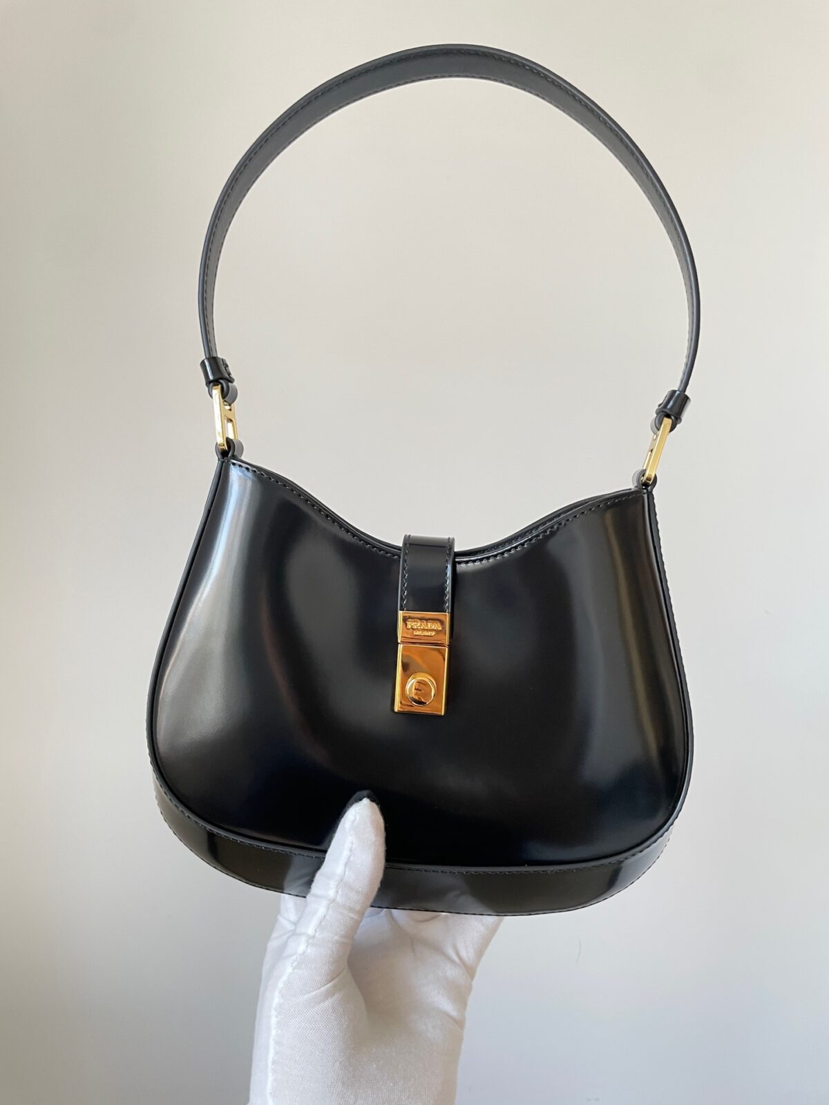 PRADA Cleo Glossy Leather Hobo Shoulder Bag Black - Image 3