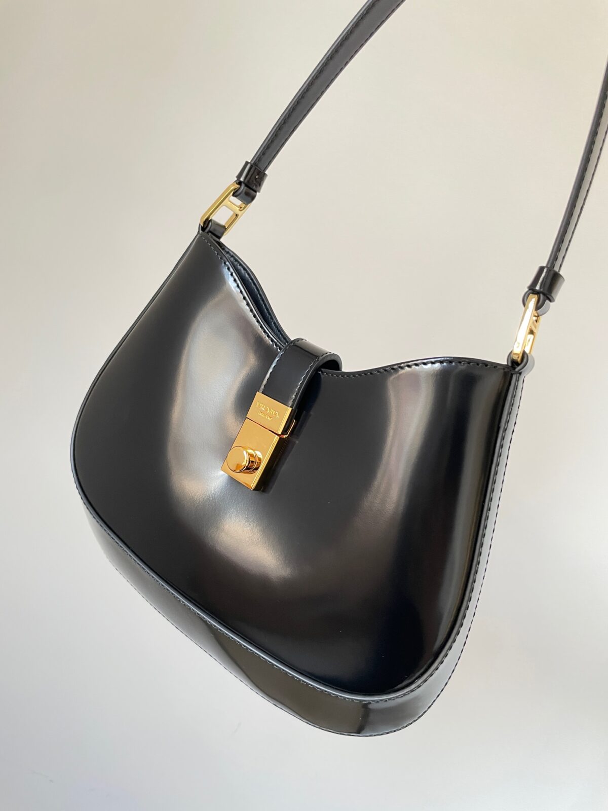 PRADA Cleo Glossy Leather Hobo Shoulder Bag Black - Image 5