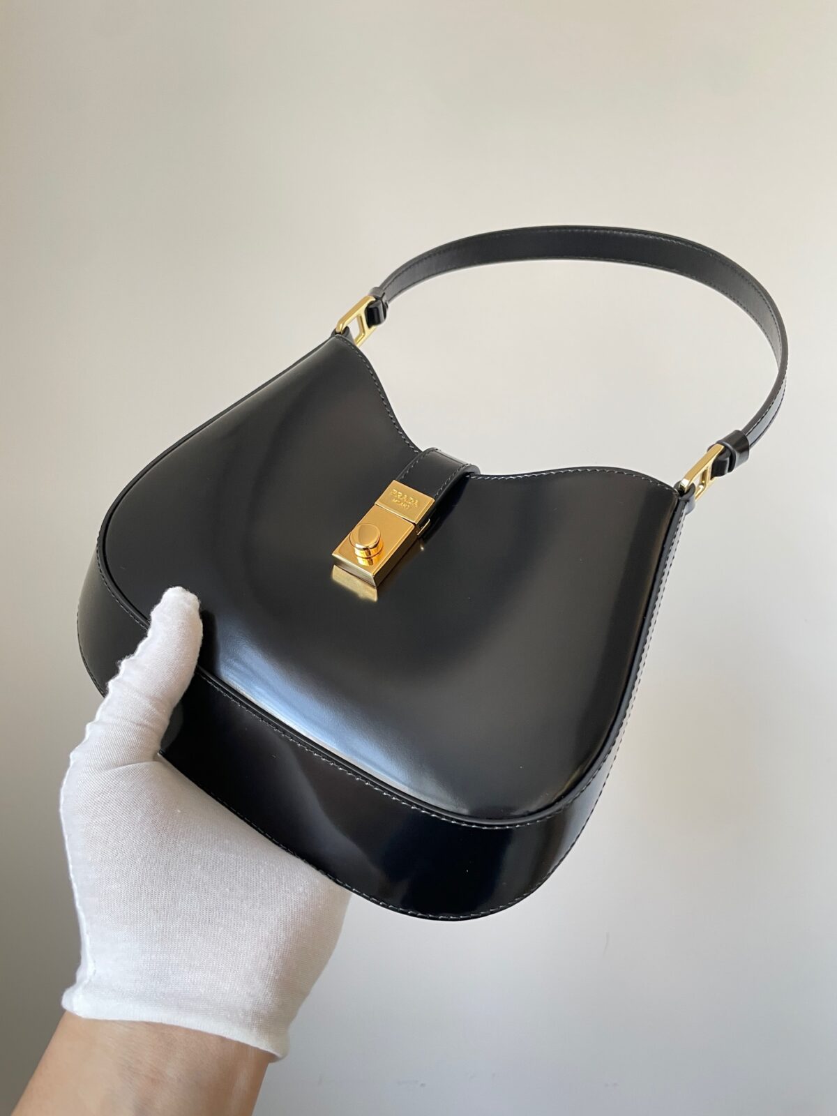 PRADA Cleo Glossy Leather Hobo Shoulder Bag Black - Image 6
