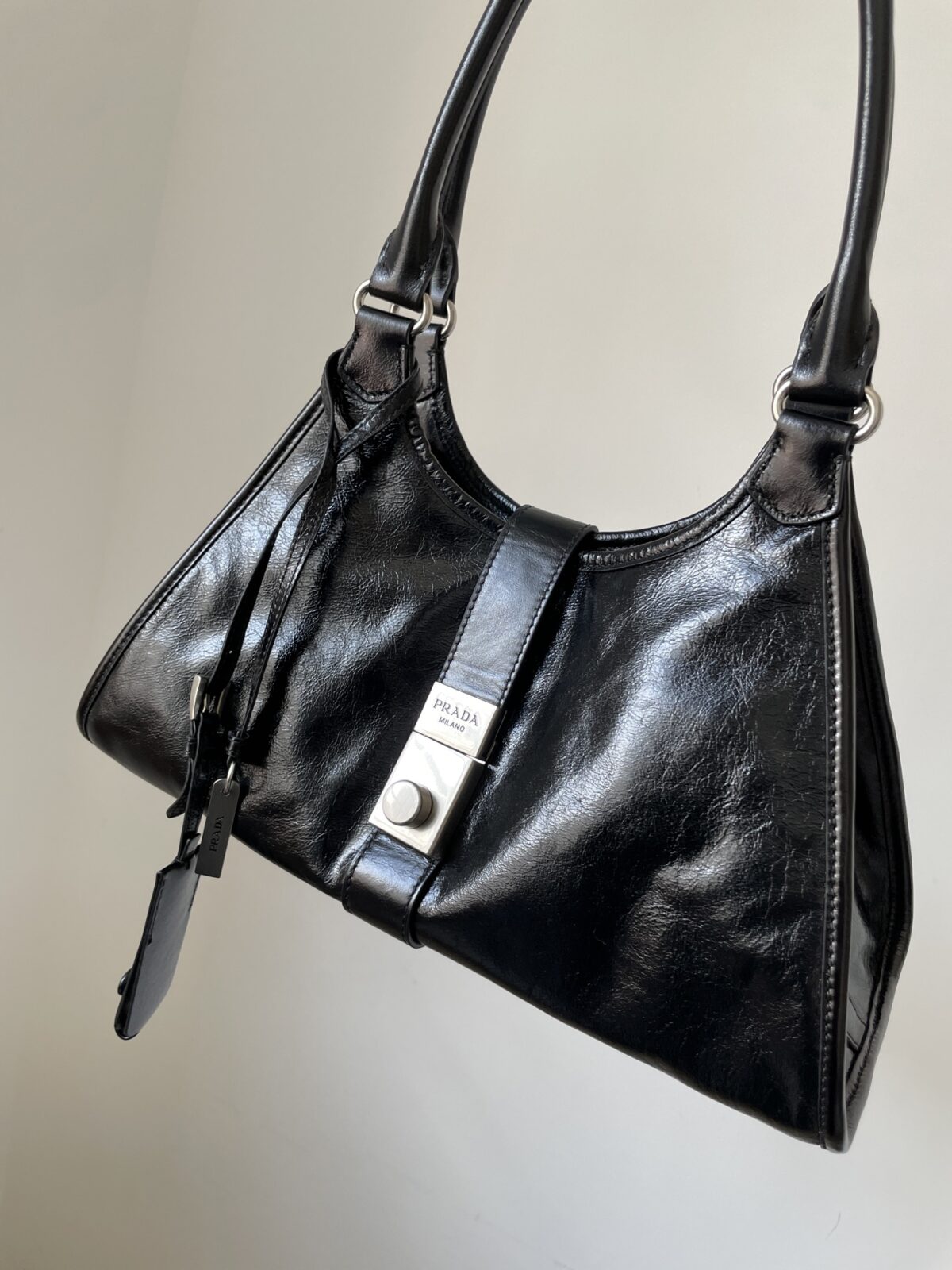 PRADA Leather Tote Shoulder Bag with Logo Magnetic Clasp Black - Image 2