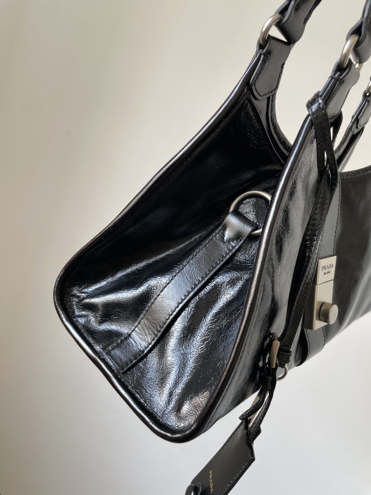 PRADA Leather Tote Shoulder Bag with Logo Magnetic Clasp Black - Image 4