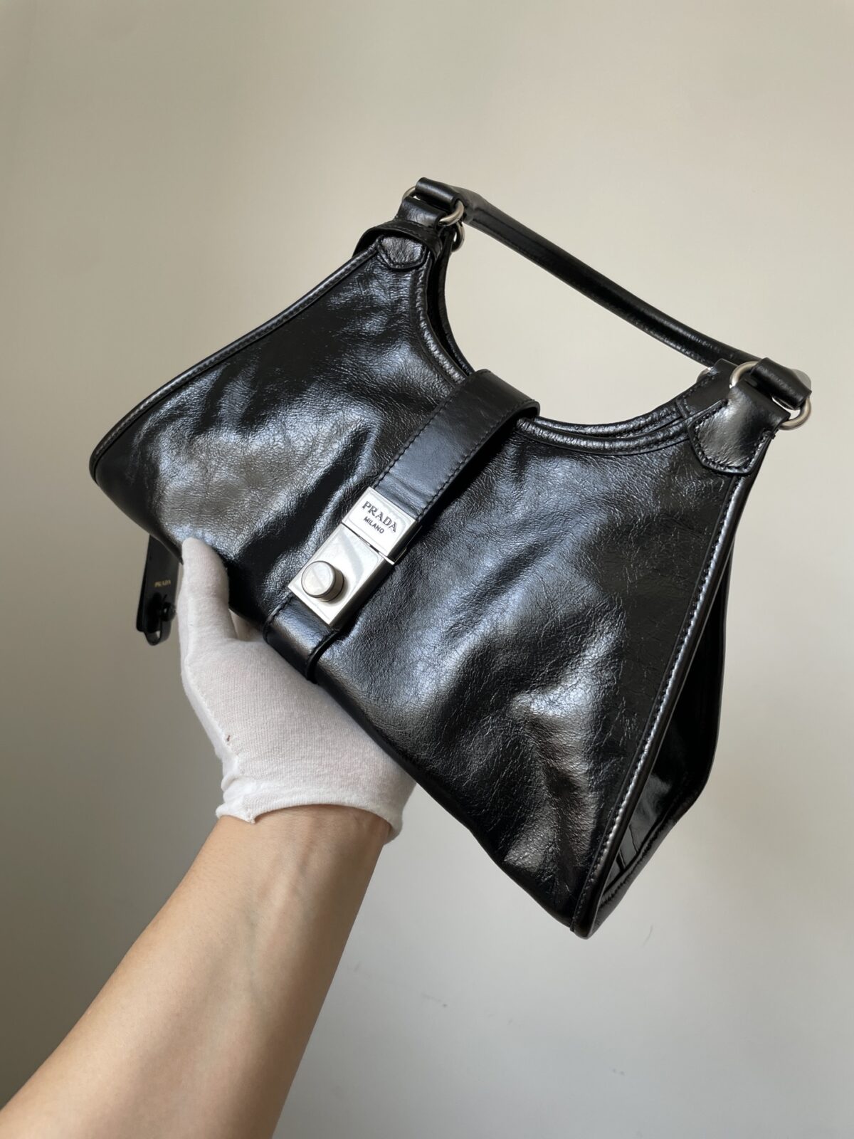 PRADA Leather Tote Shoulder Bag with Logo Magnetic Clasp Black - Image 7