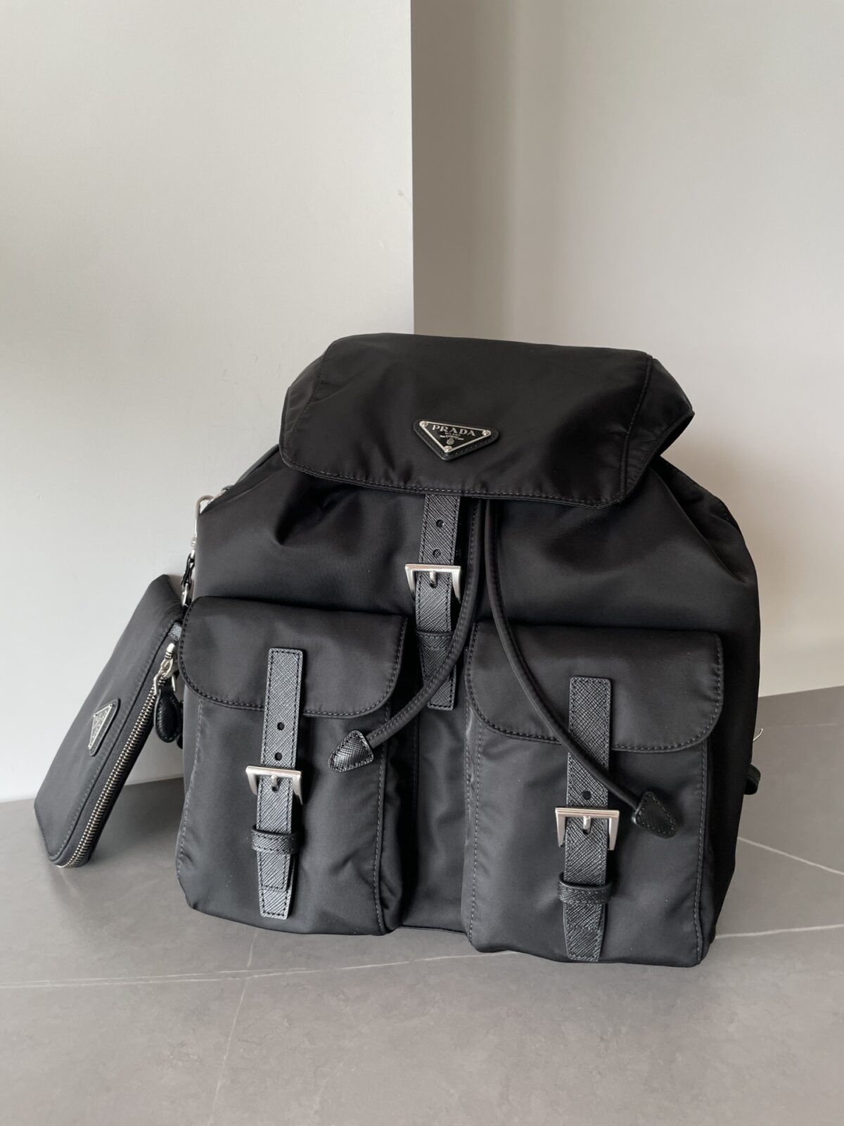 PRADA Re-Nylon & Saffiano Leather Flap Backpack Black - Image 2