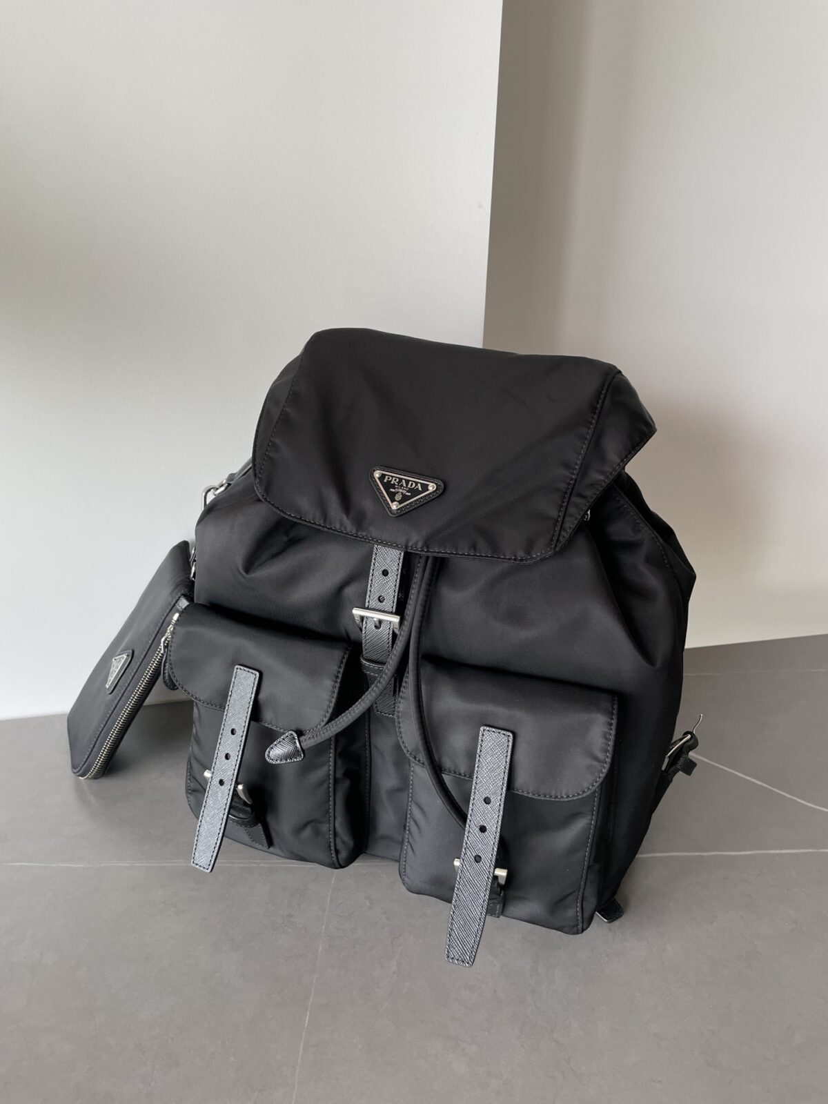 PRADA Re-Nylon & Saffiano Leather Flap Backpack Black - Image 3
