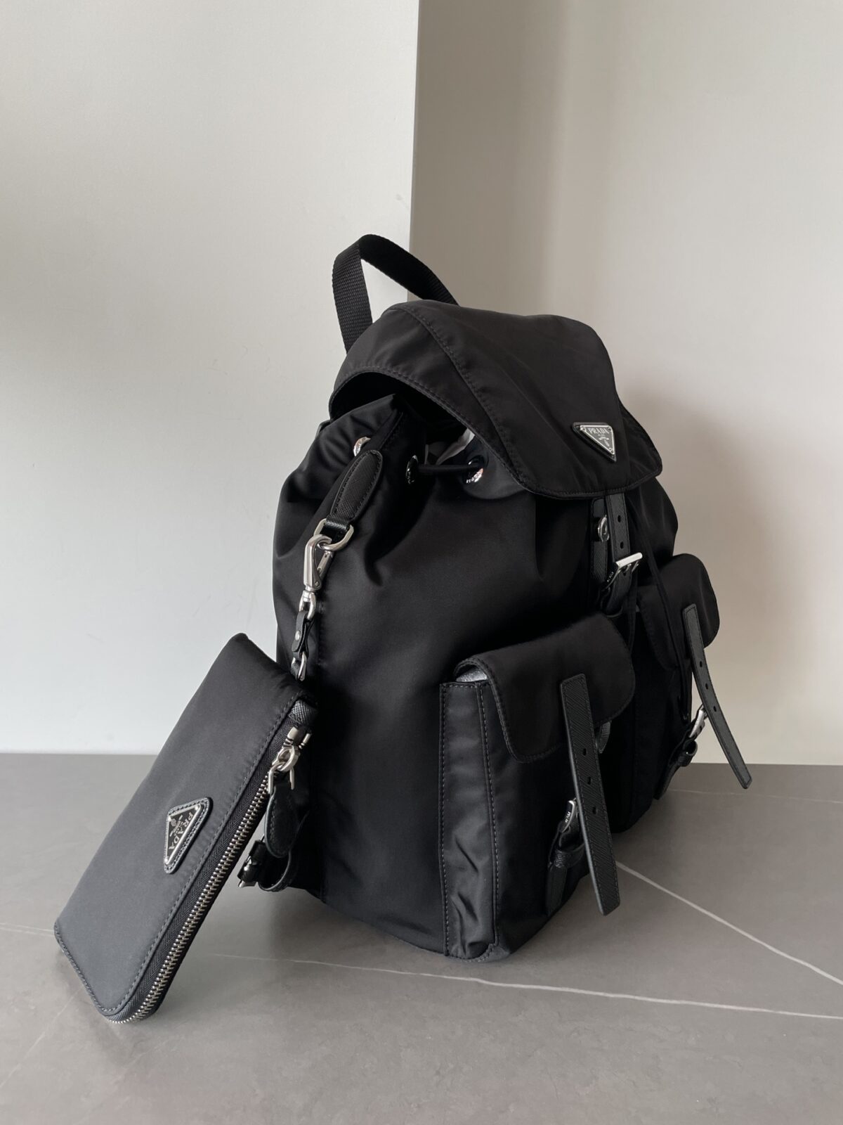 PRADA Re-Nylon & Saffiano Leather Flap Backpack Black - Image 5