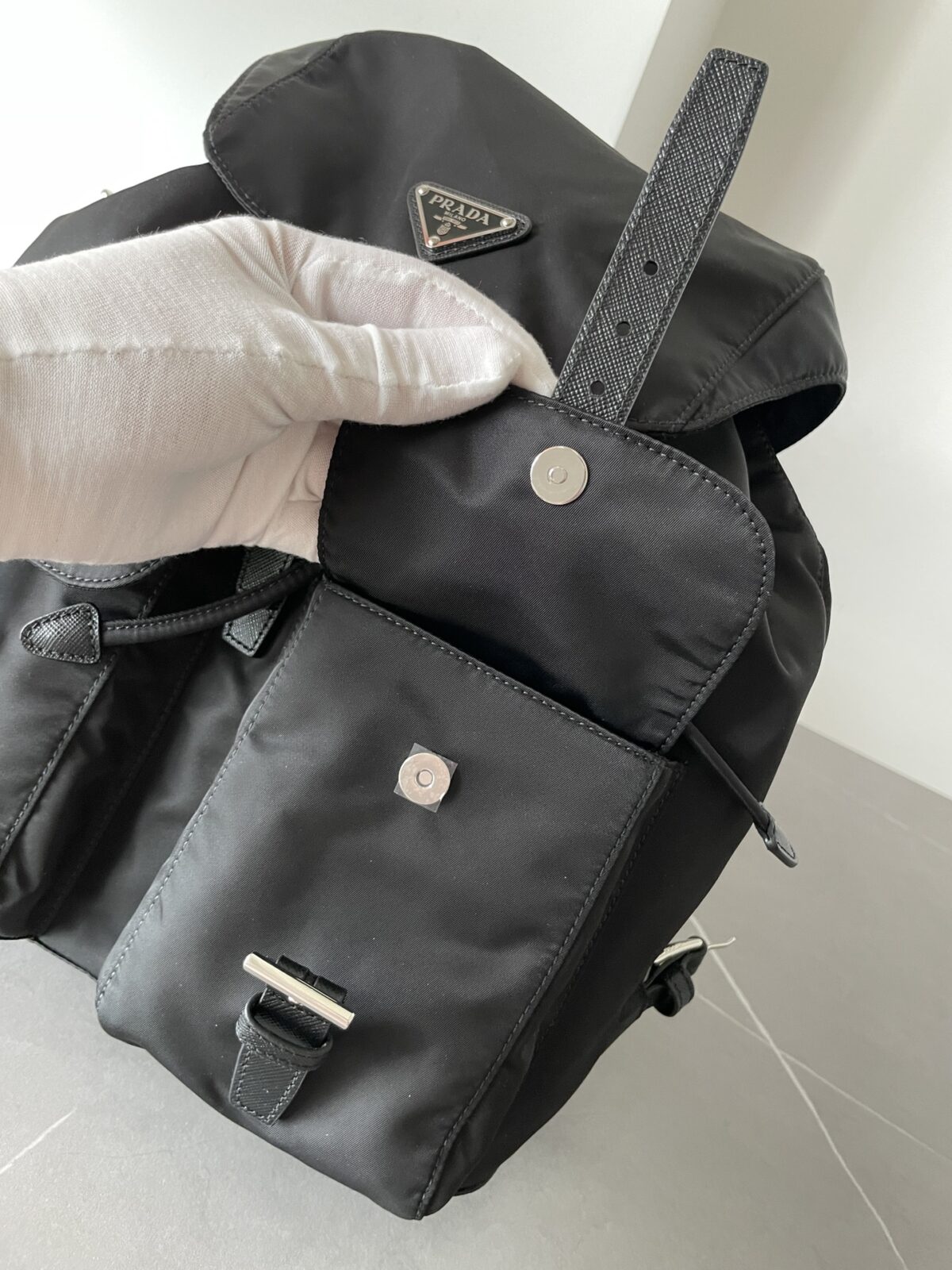 PRADA Re-Nylon & Saffiano Leather Flap Backpack Black - Image 6