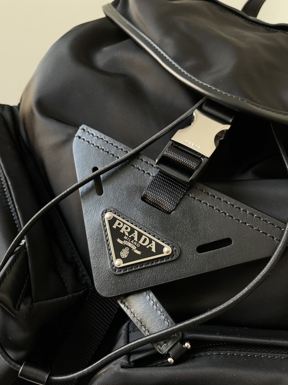 Prada Re-Nylon & Leather Drawstring Backpack Black - Image 3