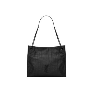 SAINT LAURENT YSL Niki Crocodile Embossed Leather Tote Bag Black