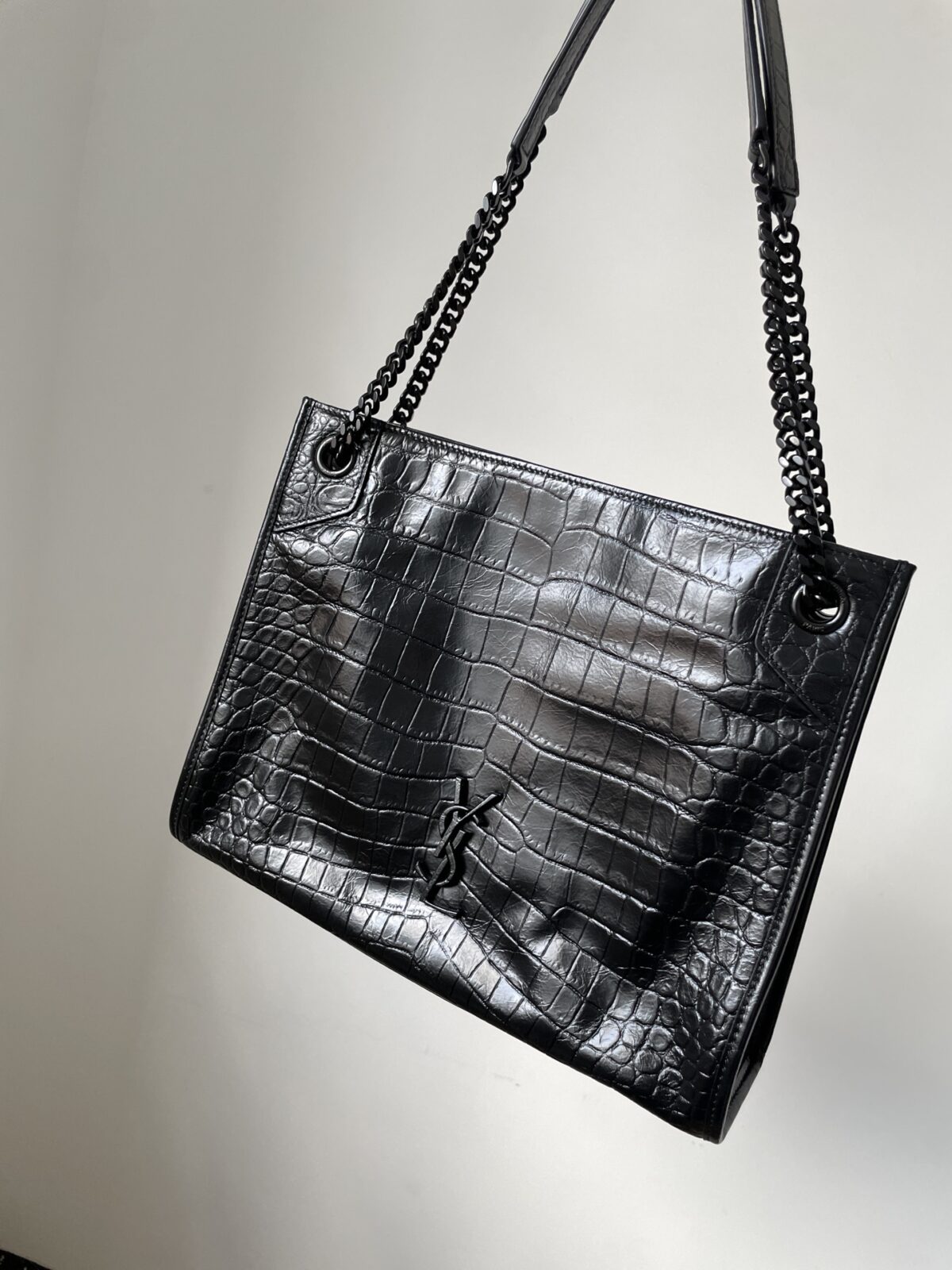 SAINT LAURENT YSL Niki Crocodile Embossed Leather Tote Bag Black - Image 2