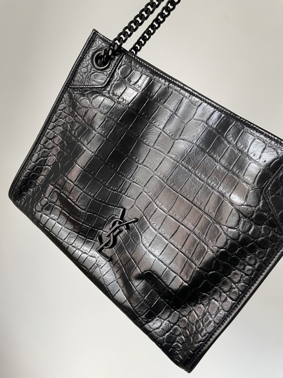 SAINT LAURENT YSL Niki Crocodile Embossed Leather Tote Bag Black - Image 3