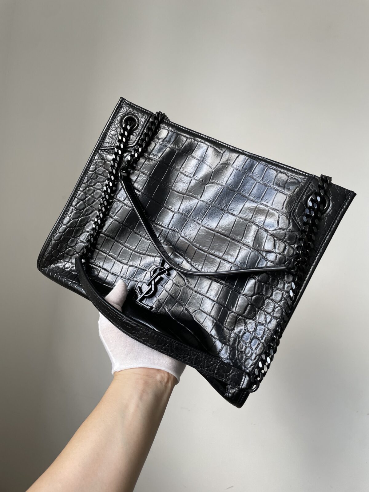 SAINT LAURENT YSL Niki Crocodile Embossed Leather Tote Bag Black - Image 5
