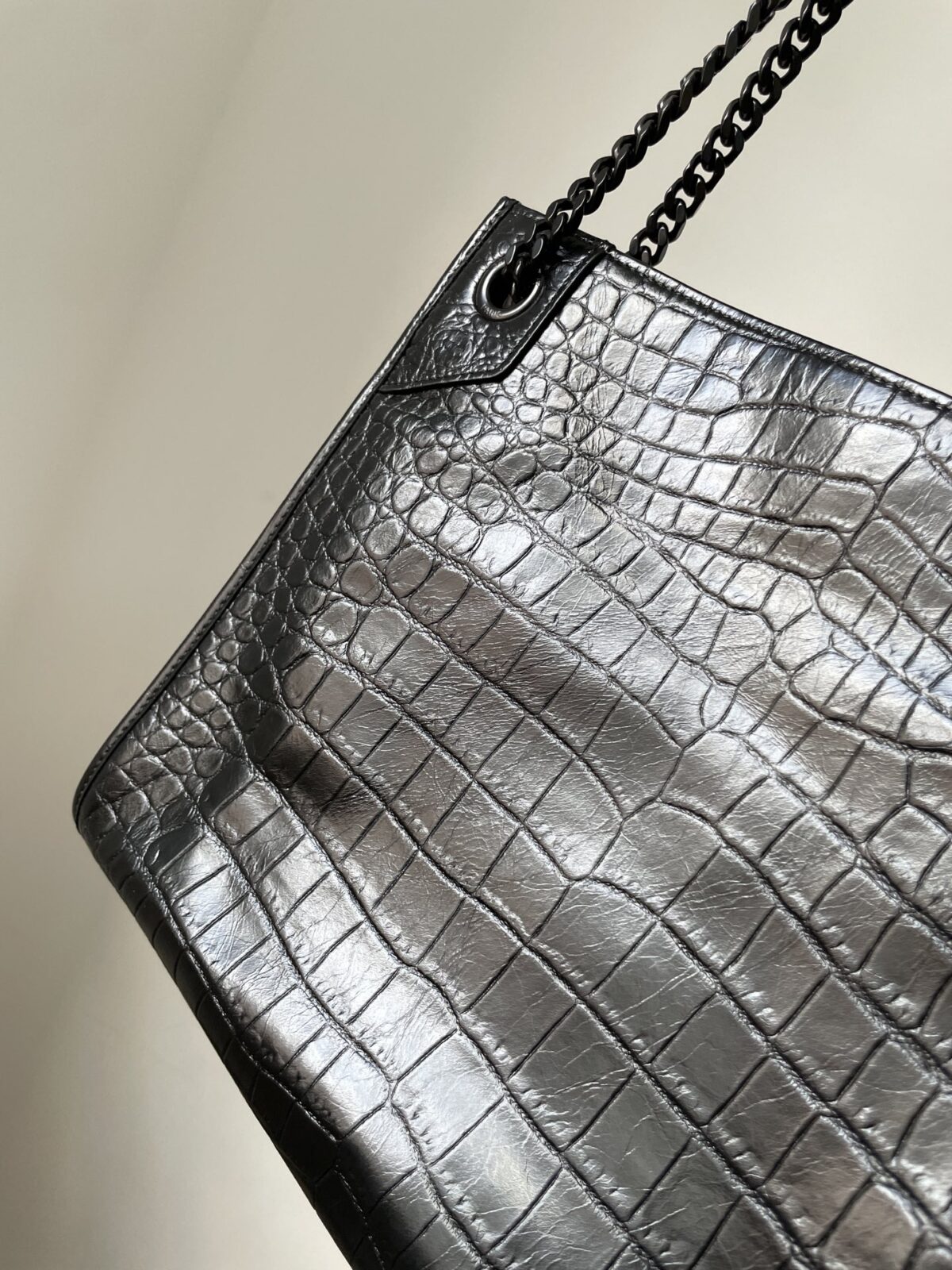 SAINT LAURENT YSL Niki Crocodile Embossed Leather Tote Bag Black - Image 7