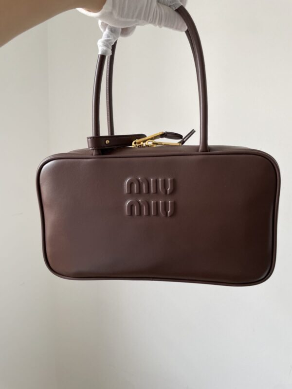 MIU MIU Beau Calfskin Handbag with Embossed Logo – Heather Wood - Image 2