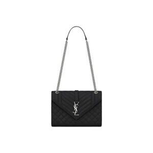 SAINT LAURENT YSL Silver Logo Chain Grain Leather Envelope Bag Black