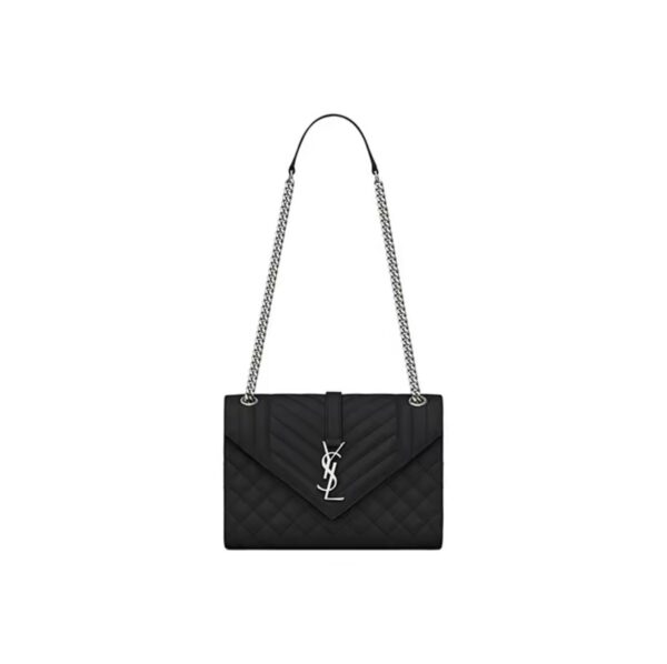 SAINT LAURENT YSL Silver Logo Chain Grain Leather Envelope Bag Black