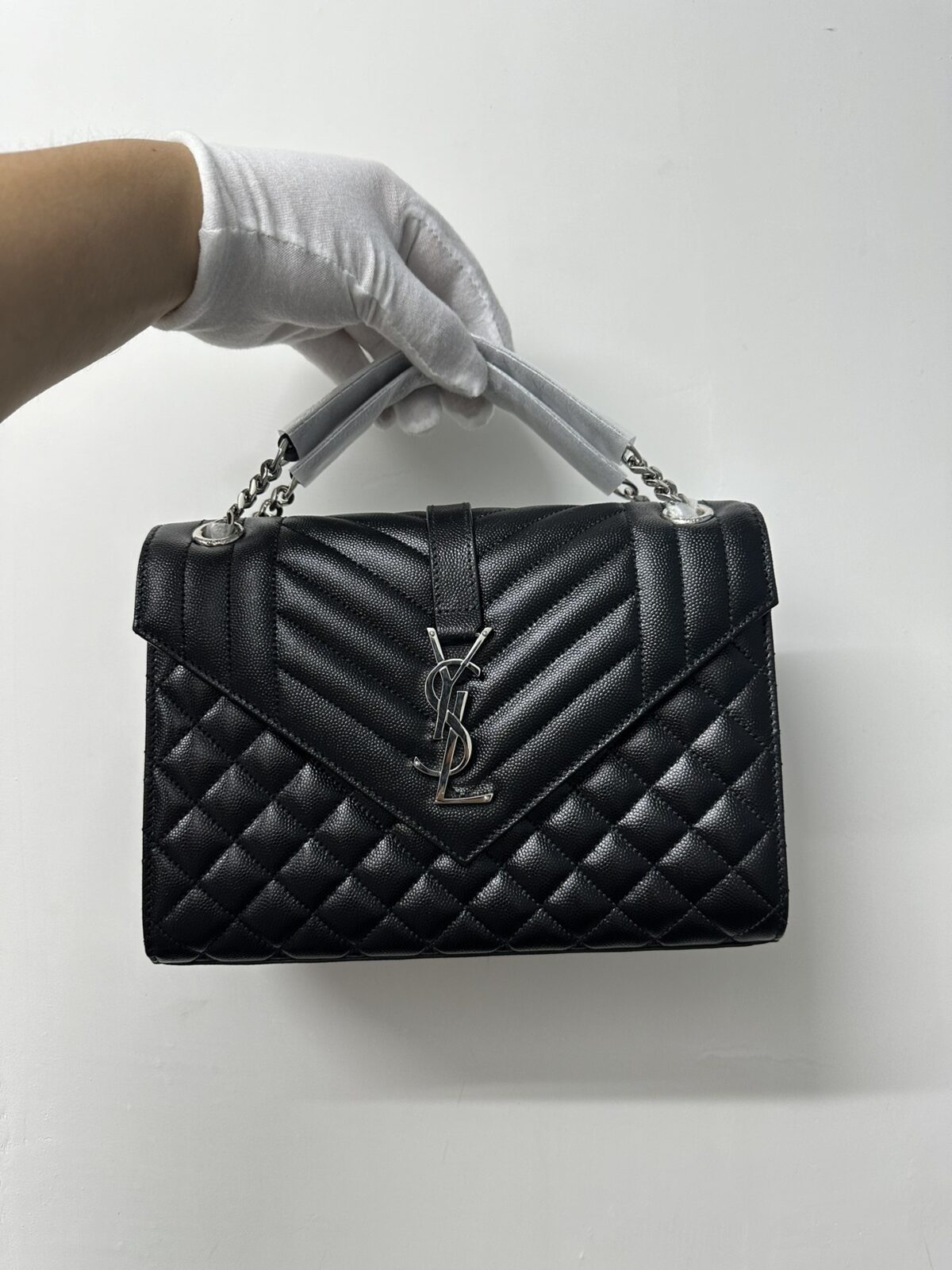 SAINT LAURENT YSL Silver Logo Chain Grain Leather Envelope Bag Black - Image 2