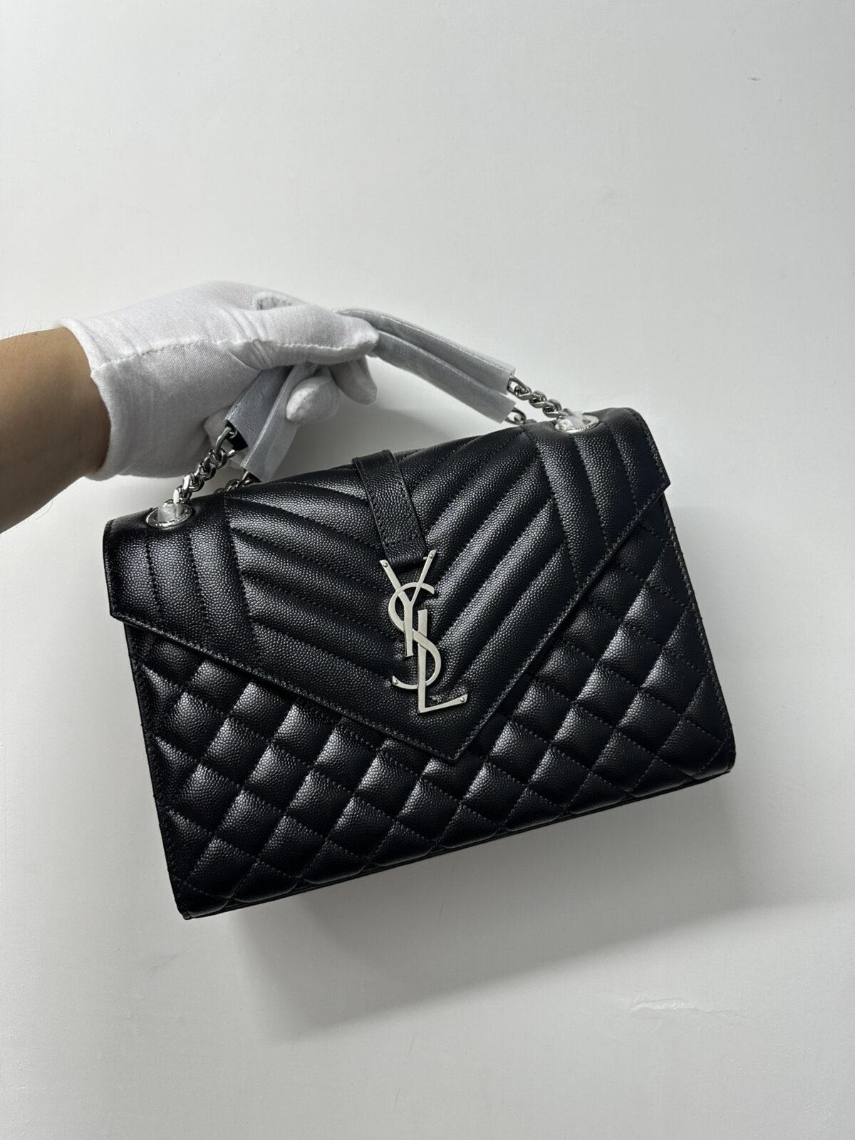 SAINT LAURENT YSL Silver Logo Chain Grain Leather Envelope Bag Black - Image 3