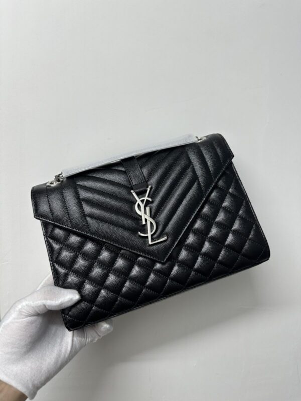 SAINT LAURENT YSL Silver Logo Chain Grain Leather Envelope Bag Black - Image 5
