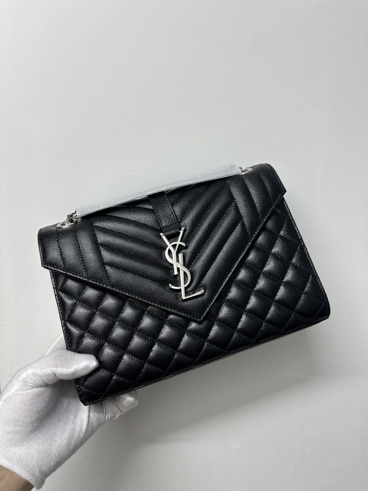 SAINT LAURENT YSL Silver Logo Chain Grain Leather Envelope Bag Black - Image 5