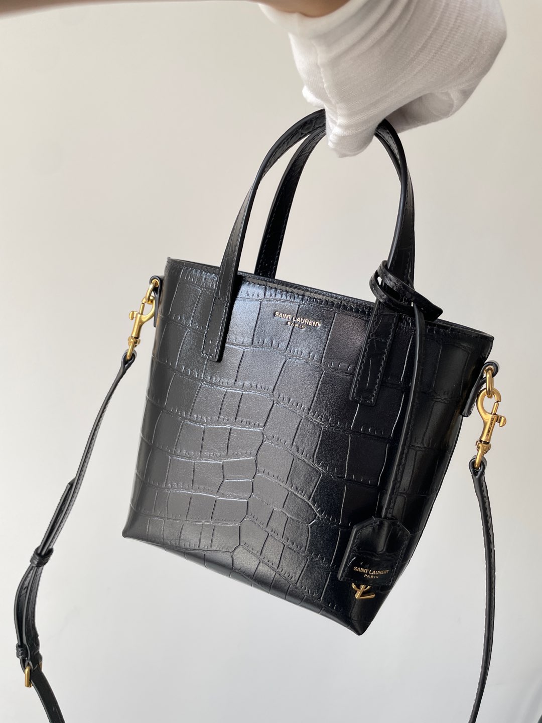 SAINT LAURENT YSL PARIS Mini Croc-Embossed Leather Tote Bag Black - Image 2
