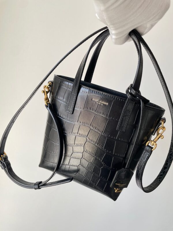 SAINT LAURENT YSL PARIS Mini Croc-Embossed Leather Tote Bag Black - Image 3