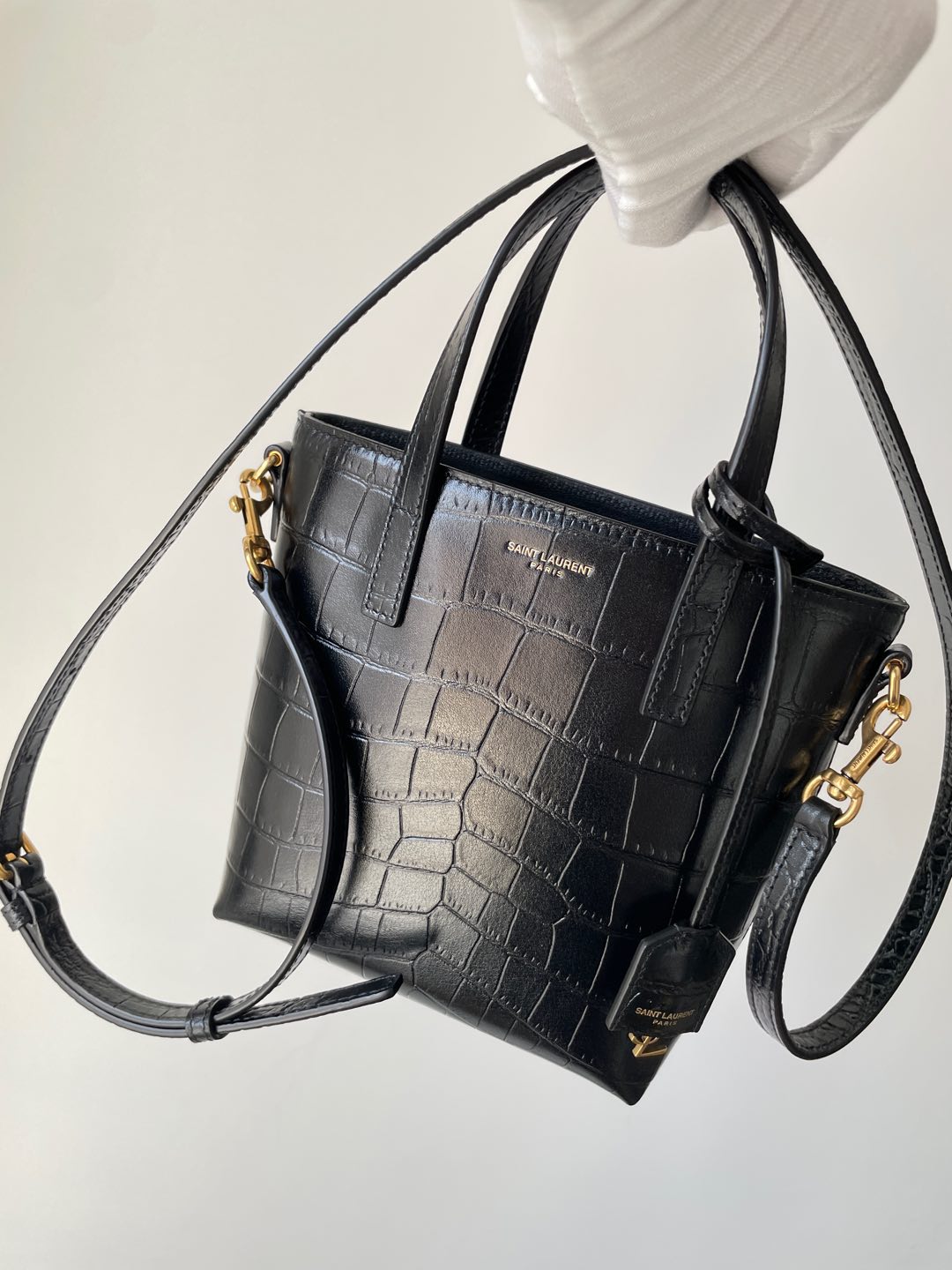 SAINT LAURENT YSL PARIS Mini Croc-Embossed Leather Tote Bag Black - Image 3