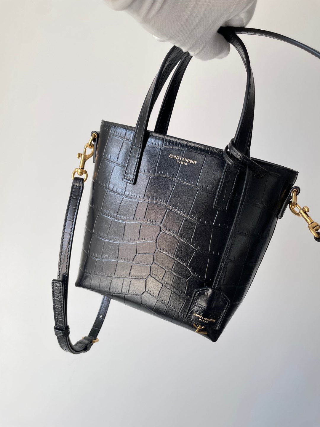 SAINT LAURENT YSL PARIS Mini Croc-Embossed Leather Tote Bag Black - Image 4