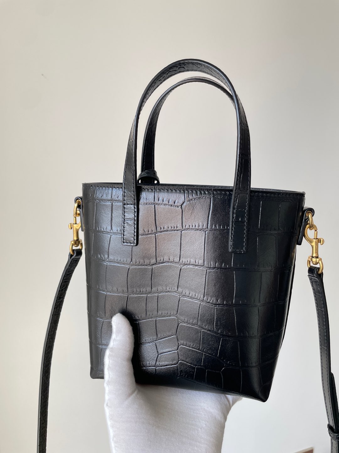 SAINT LAURENT YSL PARIS Mini Croc-Embossed Leather Tote Bag Black - Image 7