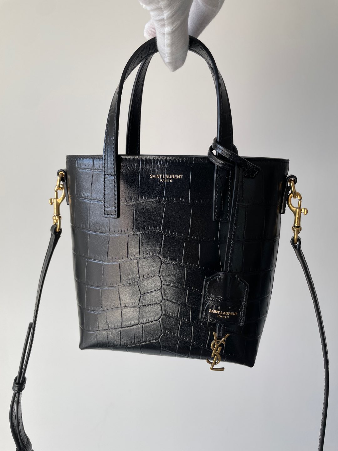 SAINT LAURENT YSL PARIS Mini Croc-Embossed Leather Tote Bag Black - Image 8