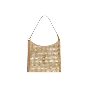 SAINT LAURENT YSL OXALIS Raffia and Leather Tote Bag Natural Brown