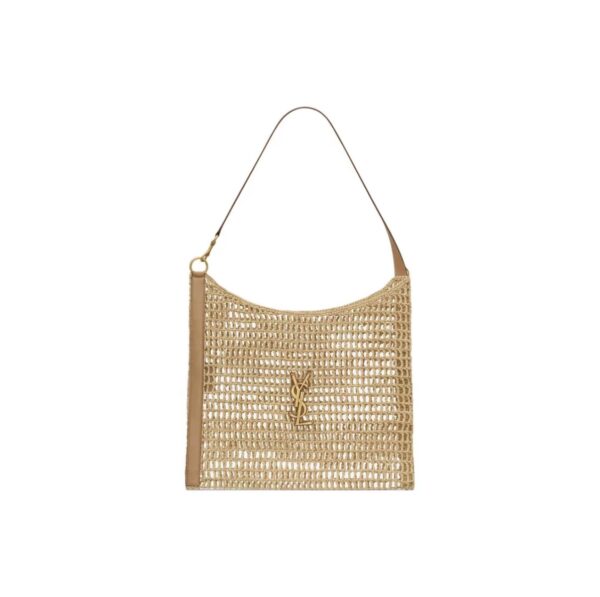 SAINT LAURENT YSL OXALIS Raffia and Leather Tote Bag Natural Brown