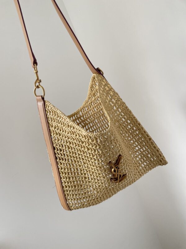 SAINT LAURENT YSL OXALIS Raffia and Leather Tote Bag Natural Brown - Image 2